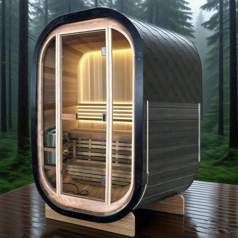 Hylivesaunas 2 Person Indoor/Outdoor Cube Panoramic Steam Sauna Room, Traditional Canadian Red Cedar Barrel Wooden Saunas, ETL-Certified 4.5KW Sauna Stove, Rocks, Light, Relaxing Spa, 0-195℉