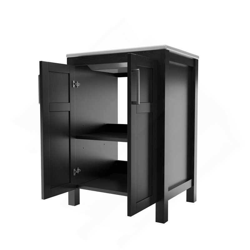 L'armoire de salle de bain noire de 24 pouces, jumelée à un lavabo en céramique blanche, présente un design moderne et est faite de matériaux imperméables et durables.