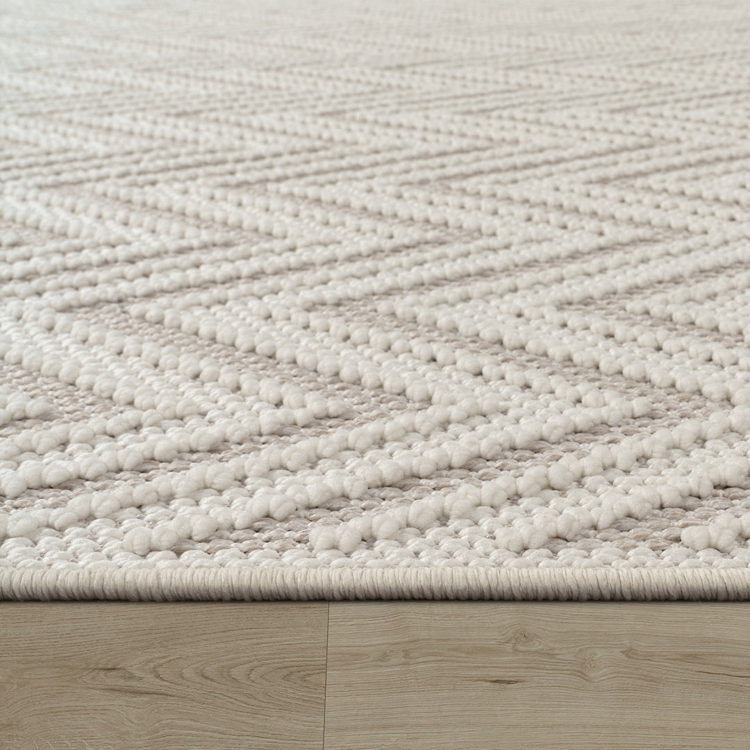 Teppich Wohnzimmer Kurzflor Ethno Look Geometrisches Muster Fransen Creme