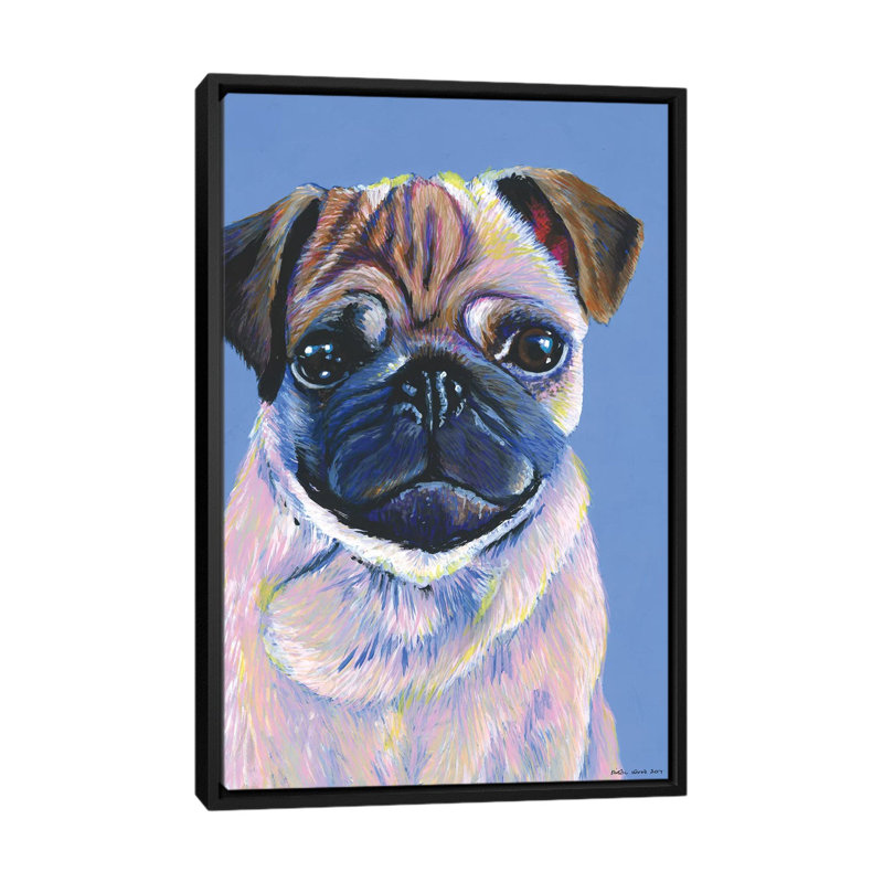 Pug On Blue by Kirstin Wood - Painting on Canvas, Black Framed, 101.6 cm H x 66.04 cm W