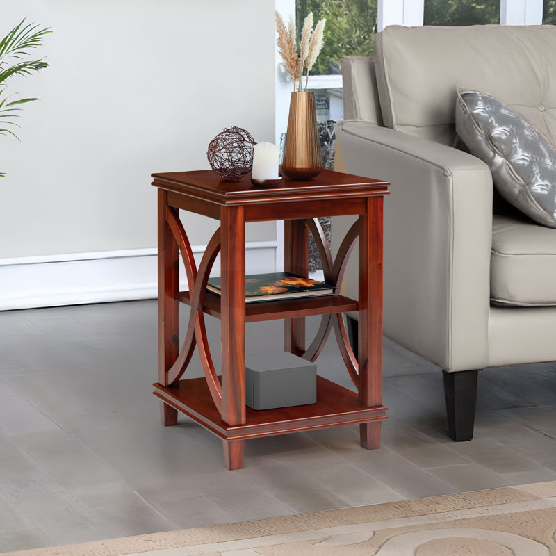 Table de bout carrée en bois massif avec design en X de H 24 po x l 16 po, table d'appoint avec tablettes de rangement, cerisier