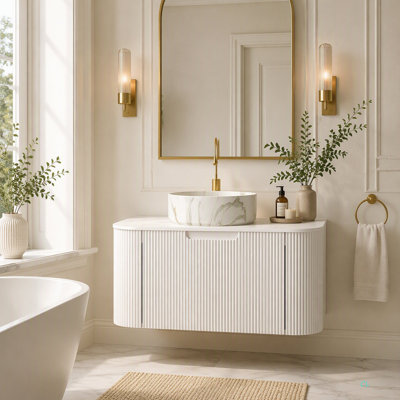Meuble-lavabo de 76 cm avec lavabo intégré, bords incurvés, meuble de rangement en contreplaqué rayé avec tiroir, lavabo en céramique à motif pierre et dessus en pierre frittée, préassemblé