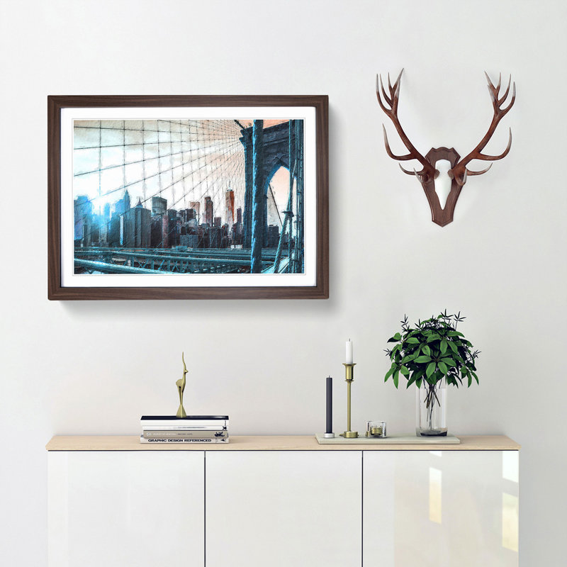 Brooklyn Bridge and New York Skyline - Picture Frame Painting Print, 27cm H x 36cm W x 2cm D, Walnut Framed