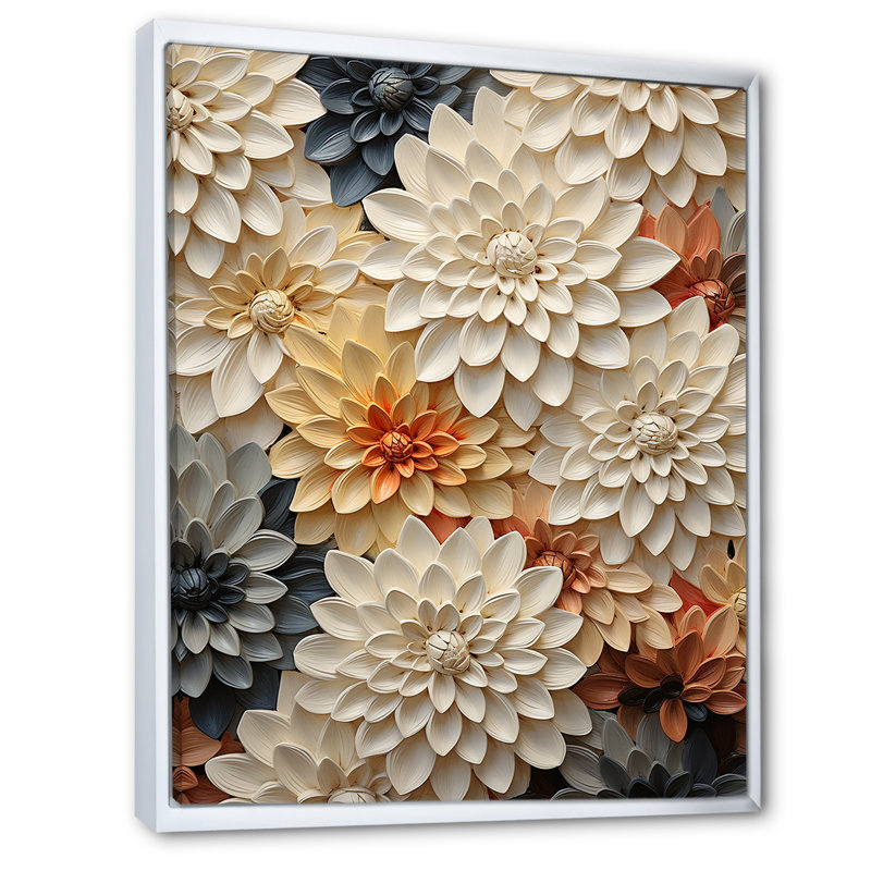 Collage de fleurs de zinnias beiges sur toile, Cadre flottant blanc, 20" H x 12" W
