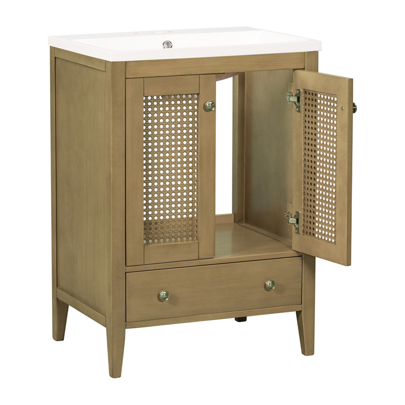 Meuble-lavabo naturel avec lavabo en céramique et grand rangement