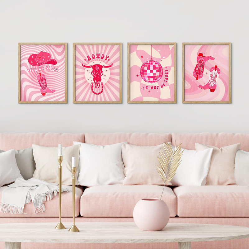 «Pink Cloud Cow Fish Collages Shapes», impression encadrée sur papier, 4 pièces, H 16 po x l 12 po, Naturel