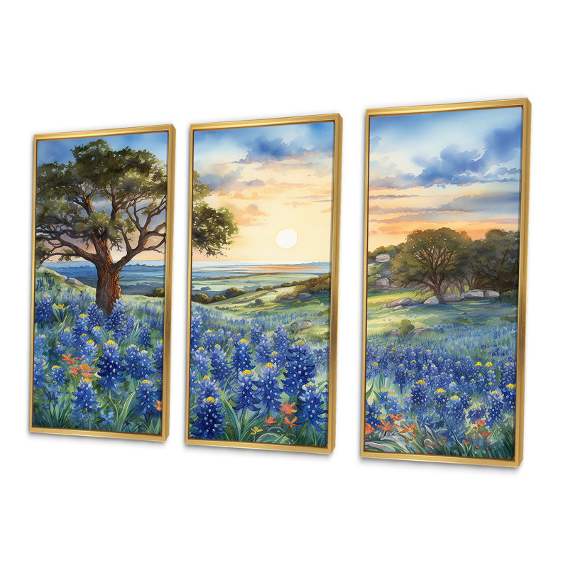 Gattilier - ensemble d'art mural Blue Bonnets, Cadre flottant doré, H 40 po x l 60 po x P 1 po