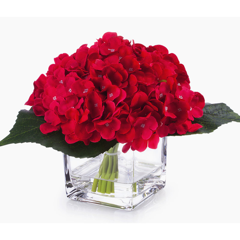 Silk Hydrangea Arrangement in Vase, Red