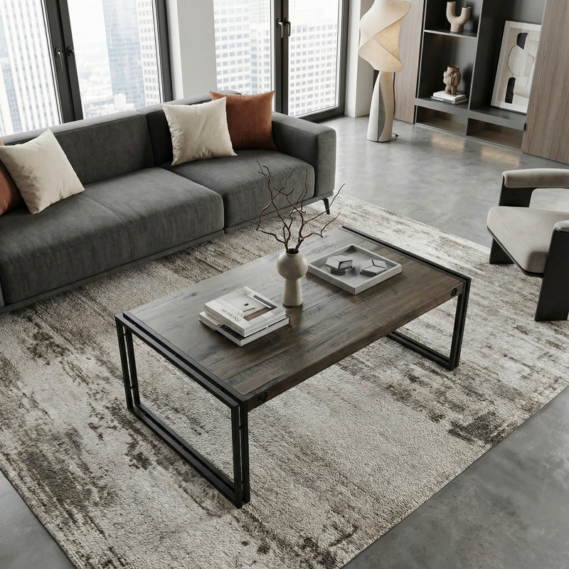 Table basse Penni, bois massif avec structure en métal noir, gris foncé