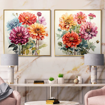 Illustration simple du bouquet Zinnia I - ensemble de 2 impressions sur toile Zinnias