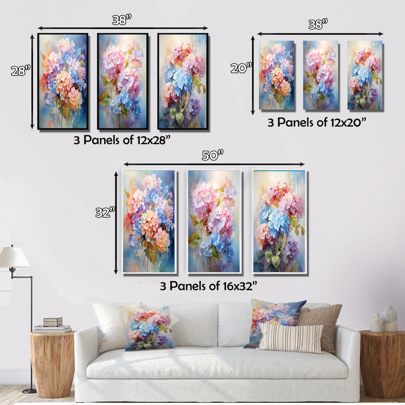 «Delicate Hydrangea Bouquet Tender Pastel», 3 pièces, H 32 po x l 48 po, Toile tendue