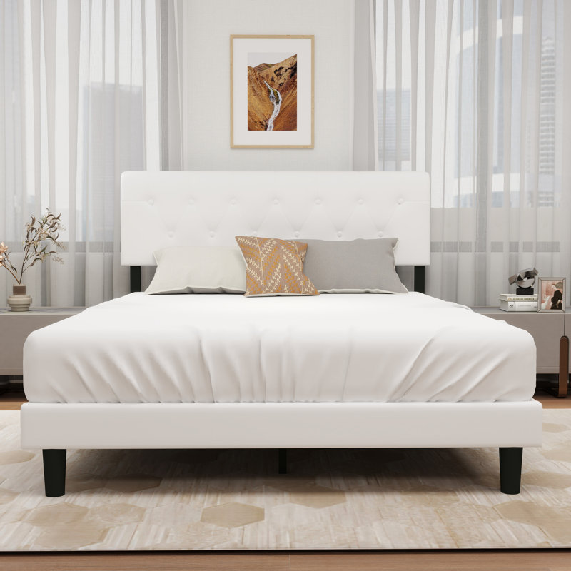 Upholstered Platform Bed Frame, White, Queen