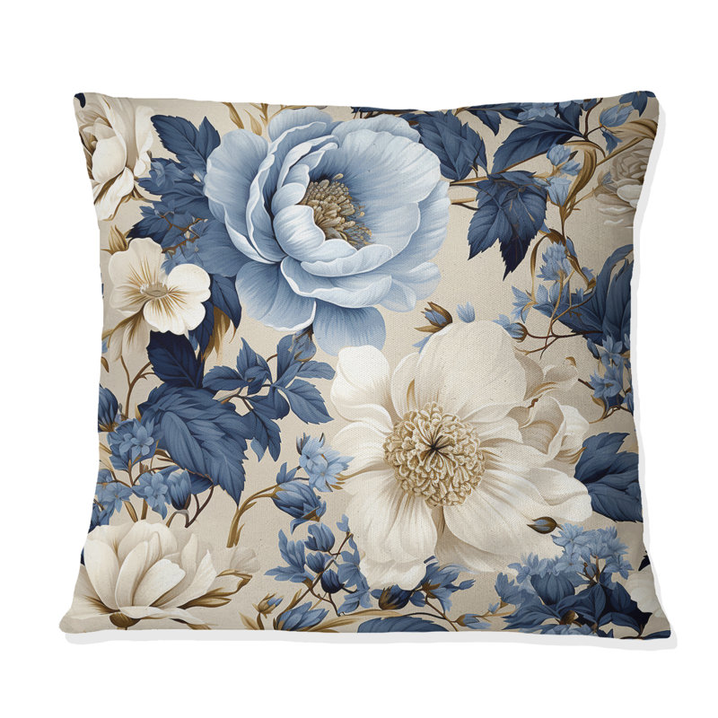 Coussin décoratif imprimé floral bleu et blanc II, H 18 po x l 18 po