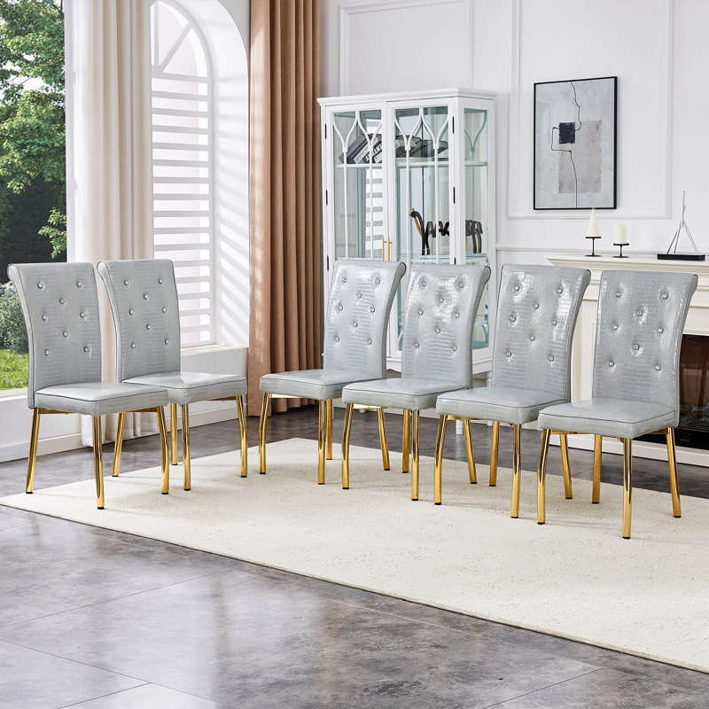 Chaises de salle à manger modernes avec ensemble de ressorts rembourrés en similicuir, 6, Gris, Doré
