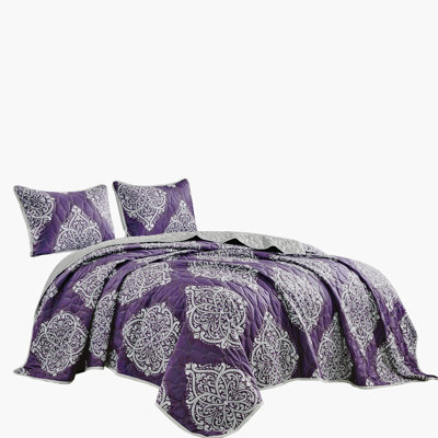 Purple White Damask Reversible 3 Piece Queen Bedspread Set，Queen