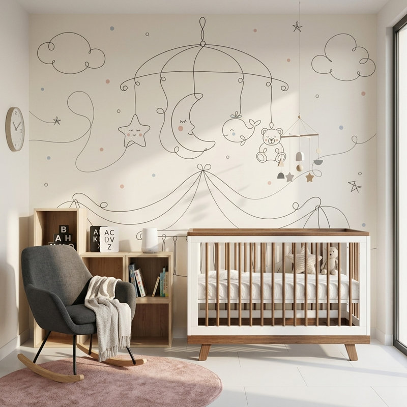 Papier peint mobile pépinière mobile amovible lune et étoile, 160 po x 108 po, Non tissé