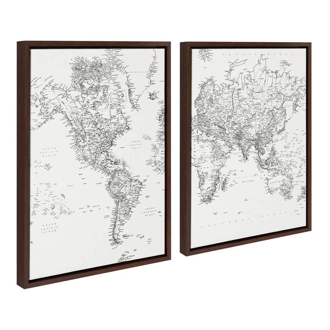 Drumheller Vintage Black and White World Map by The Creative Bunch Studio - 2 Piece Floater Frame Graphic Art Set on Canvas Lark Manor™