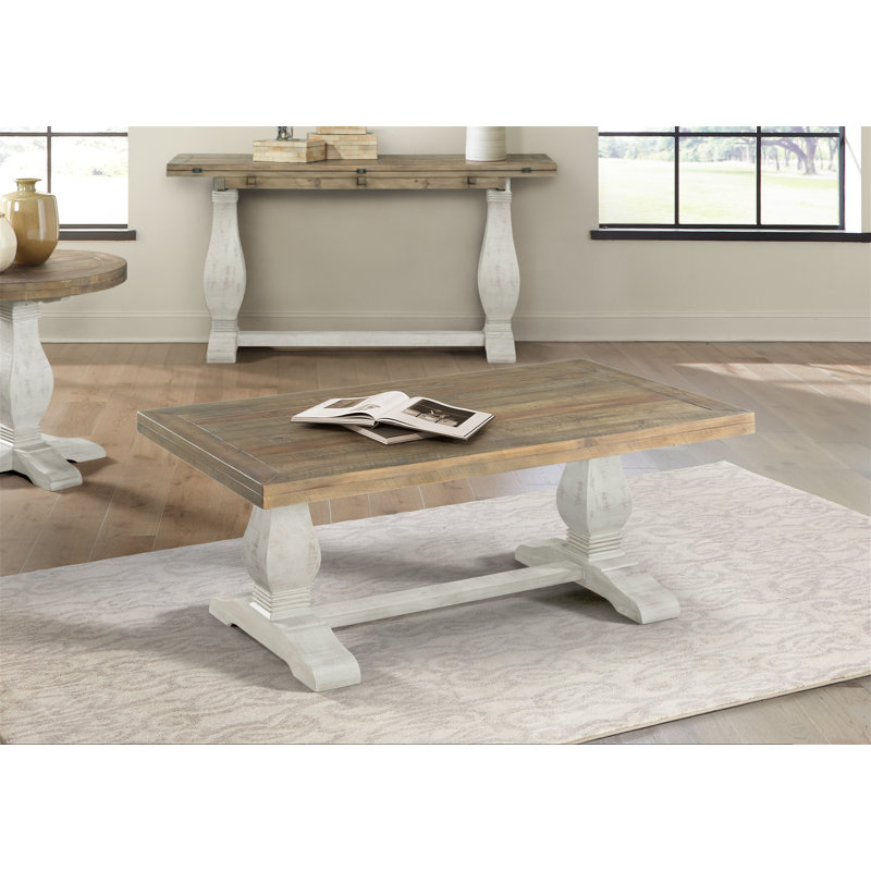 Sarcoline Solid Wood Pedestal Coffee Table, Reclaimed Natural/White Stain