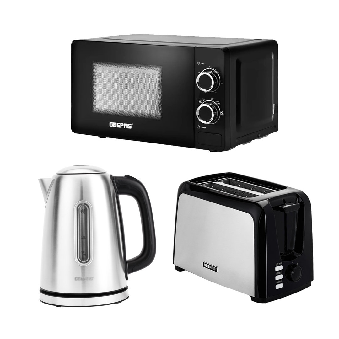 Geepas Unisex Silver 2 Slice Bread Toaster, 1.7L Illuminating Electric Kettle & 20L Solo Manual Microwave Oven 700W Combo Set In - Image 7