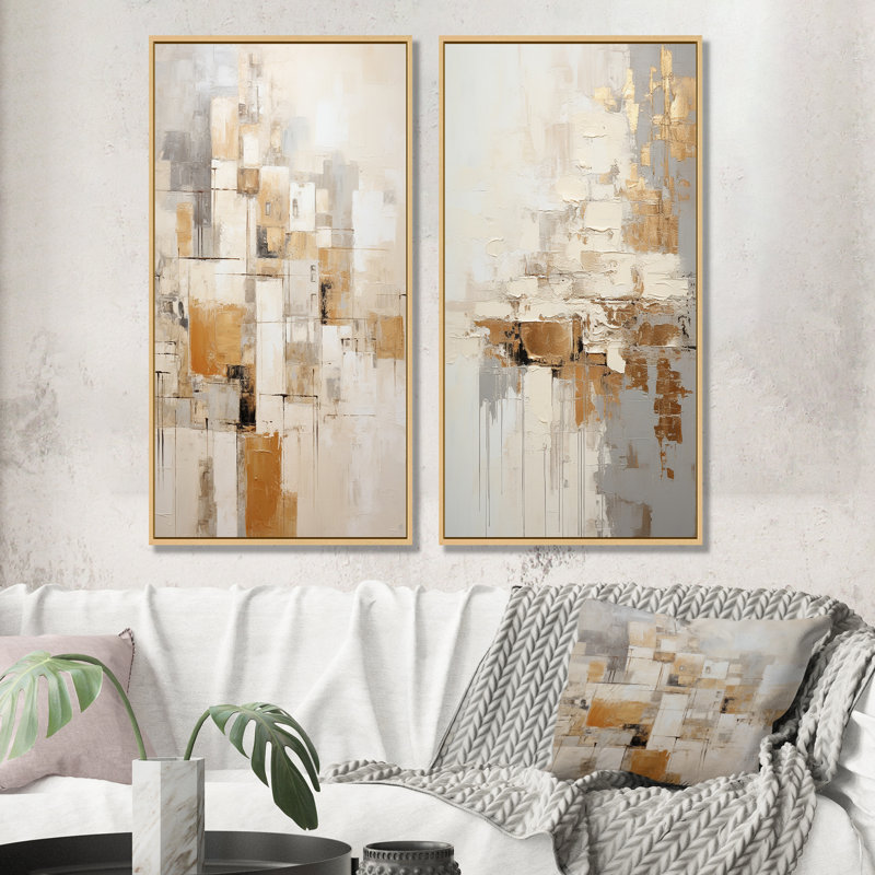 Ensemble de 2 peintures murales beiges et dorées - Collages abstraits sur toile, H 28 po x l 25 po, Encadrement brun