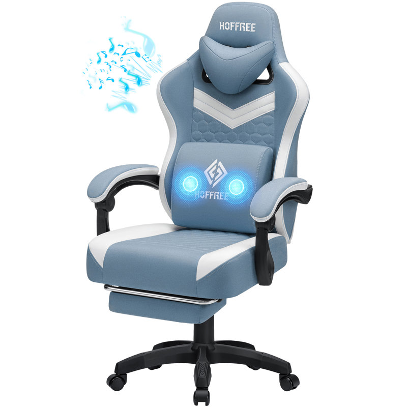 Reclining Ergonomic Fabric PC & Racing Game Chair With Bluetooth Speakers And Vibration Lumbar Pillow, Blue