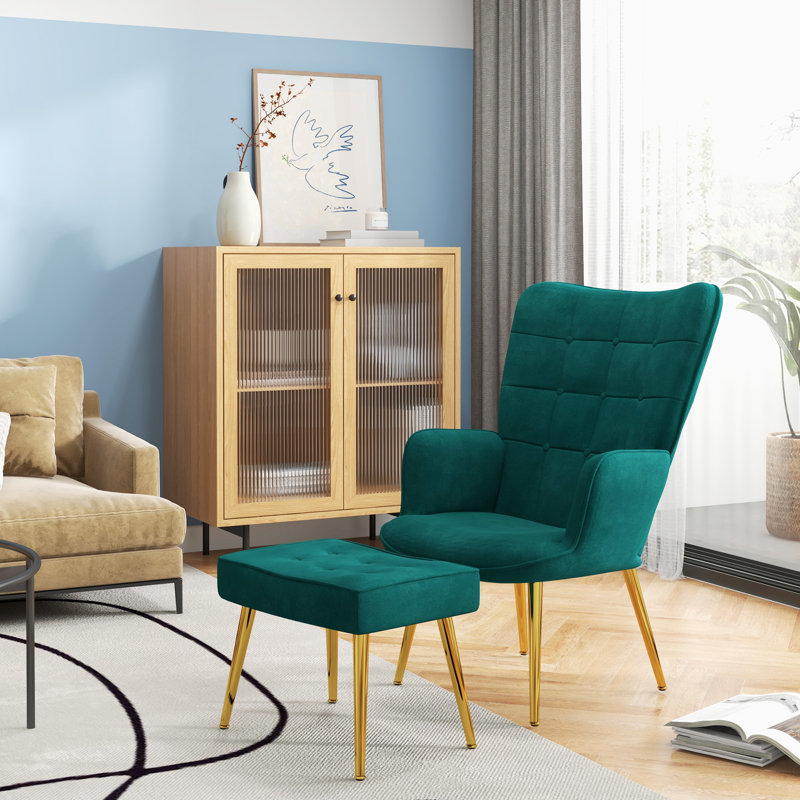 Angelamarie Velvet Armchair with Footstool, Green