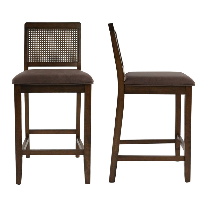 25'' Upholstered Bar & Counter Stool With Solid Wood Legs And Footrest And Rattan Backrest For Kitchen Island, Coffee Bar