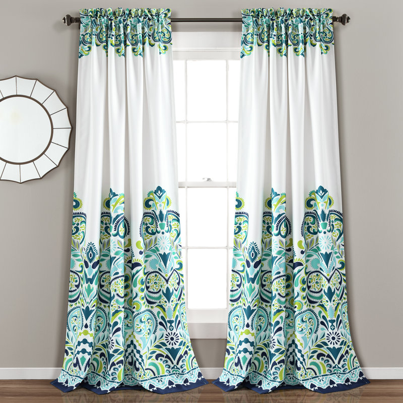 Blue & Green Paisley Print Polyester Blackout Window Panels, 52"W x 84"L