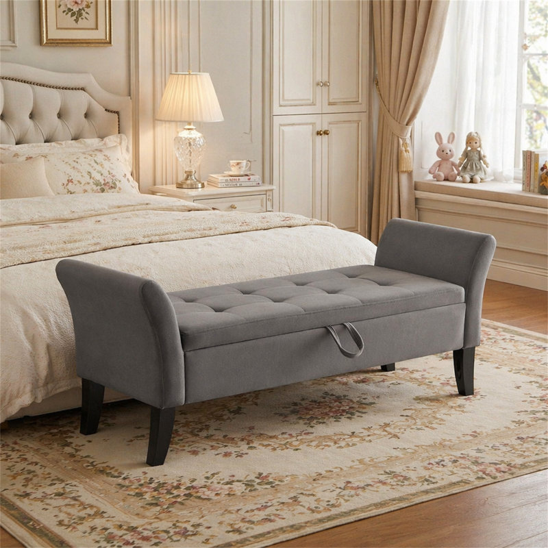 Banc de lit 51,5 po avec rangement en velours gris, Gris