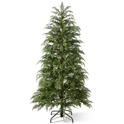 6ft Artificial Cypress Christmas Tree, Faux Tower Tree with 350 Warm White LED Lights - Modern Slim Pre-lit Cedar Tree with Heavy-Duty Metal Stand for Indoor Holiday Decor