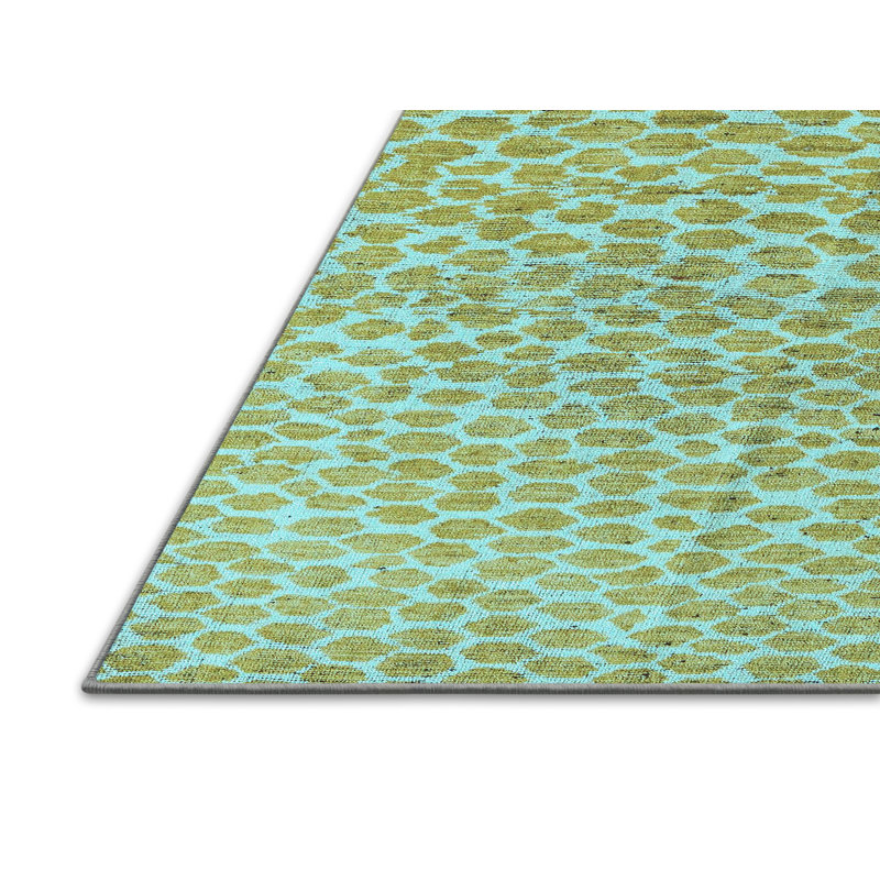 Tapis bleu abstrait en laine et polyester tissé à la machine, Rectangle 7 pi x 9 pi