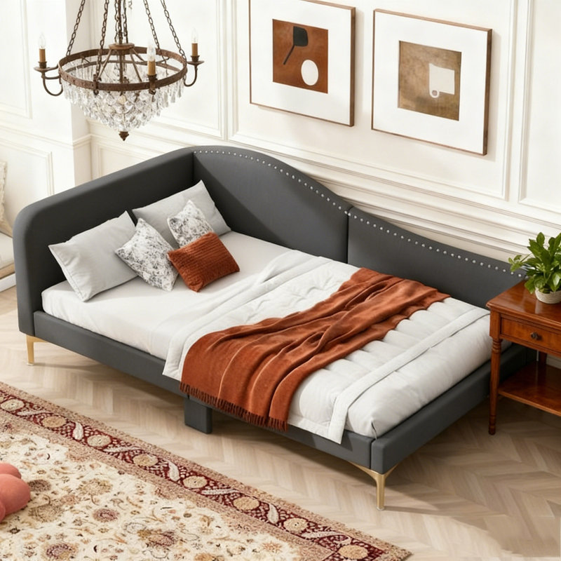Upholstered Daybed with Headboard and Armrest, Twin, Gray