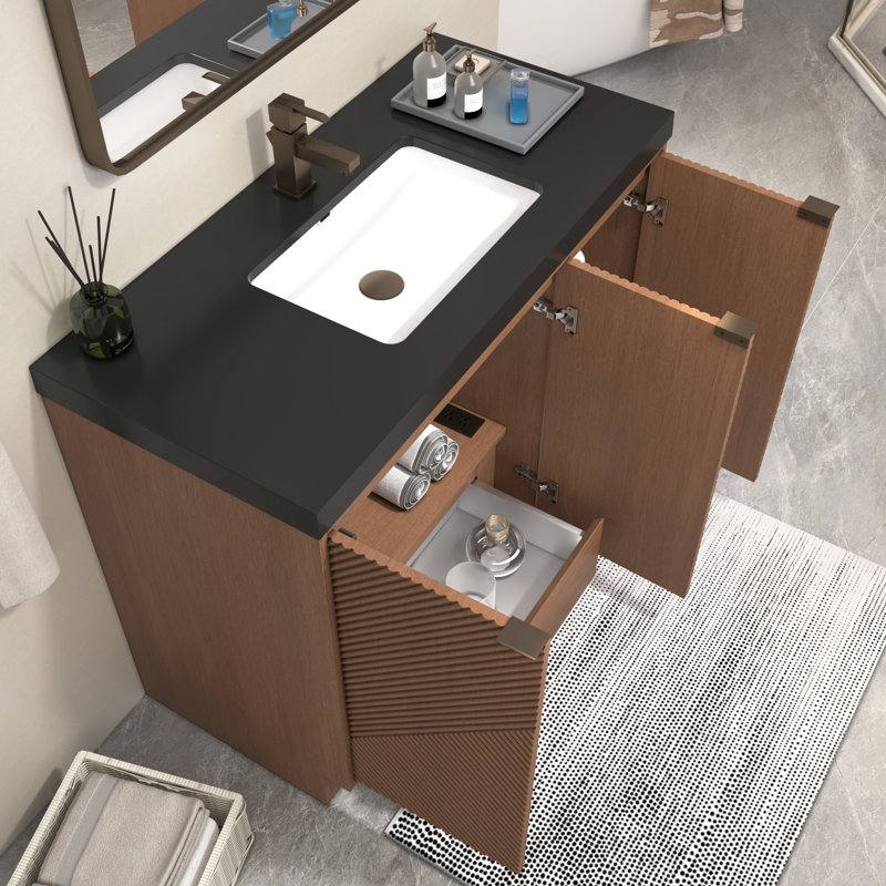 Monterey 47.2" Inch Freestanding Bathroom Vanity + Reinforced Black Acrylic Sink, Brown