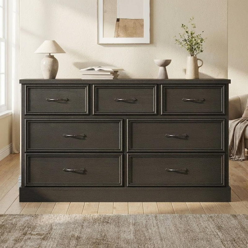 Farmhouse 7 Drawer Dresser, 55" Wide 7 Chest of Drawers Storage with Sturdy Foundation,  TV Stand for Bedroom Living Room Nursery