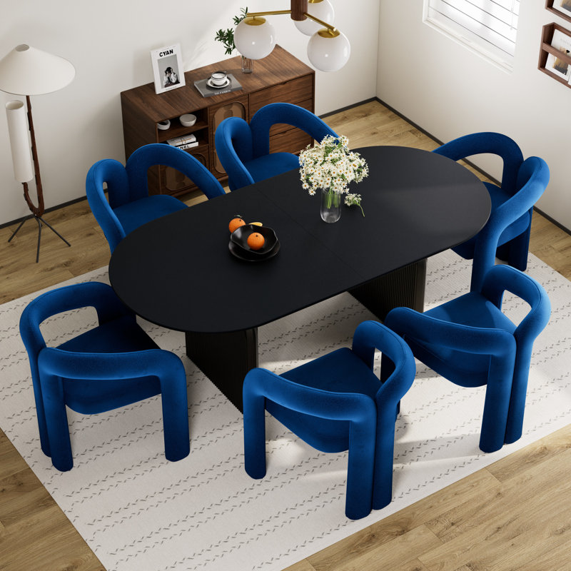 Ensemble de table de salle à manger 70 po avec chaises Velevt, 7 pièces: table, 6 chaises, Noir, Bleu
