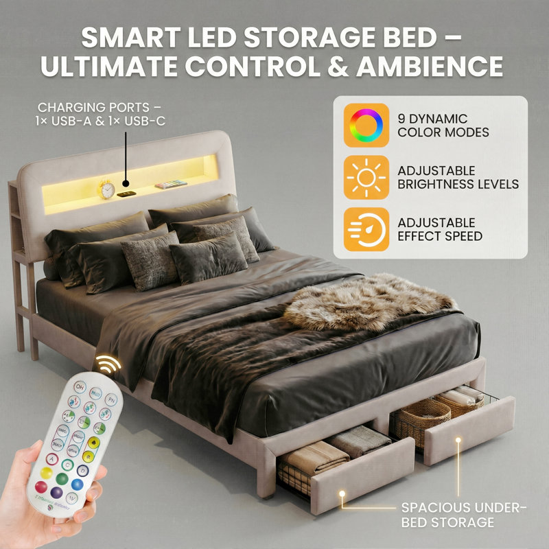 European Double & King Size Velvet Storage Bed With 2 Drawers & LED Headboard, Upholstery Bed Frame With Charging Port, Beige