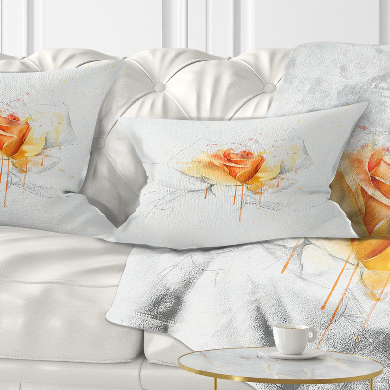 Croquis de rose jaune sur fond blanc - Coussin décoratif à imprimé floral