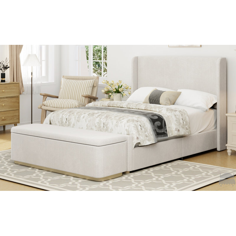 Queen Size Corduroy Upholstered Bed Frame With 130L Storage Ottoman, And Vertical Stripe Wingback Headboard And High Footboard