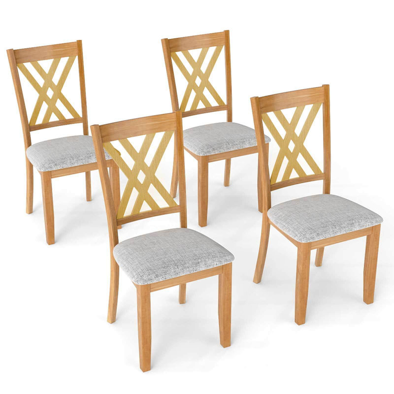 4 chaises de cuisine sans accoudoirs en lin avec structure en bois d'hévéa, 4, Light Grey, Bois naturel