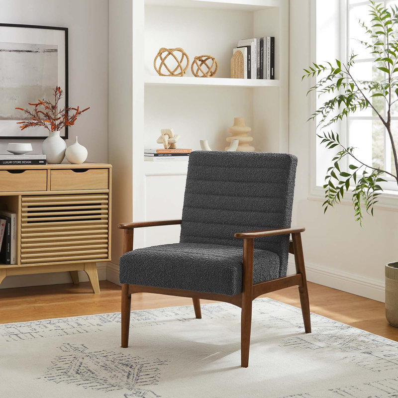 Fauteuil d'appoint en tissu Jensen Boucle, Dossier en mélange de polyester, Bois brun foncé