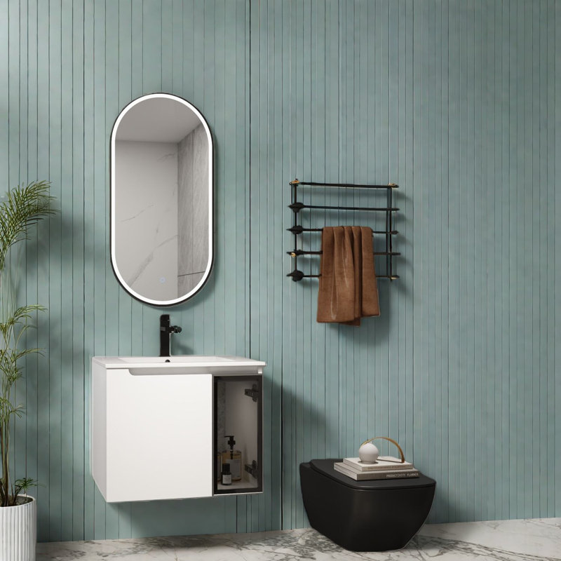 Meuble-lavabo mural compact avec lavabo en céramique, blanc brillant et verre gris
