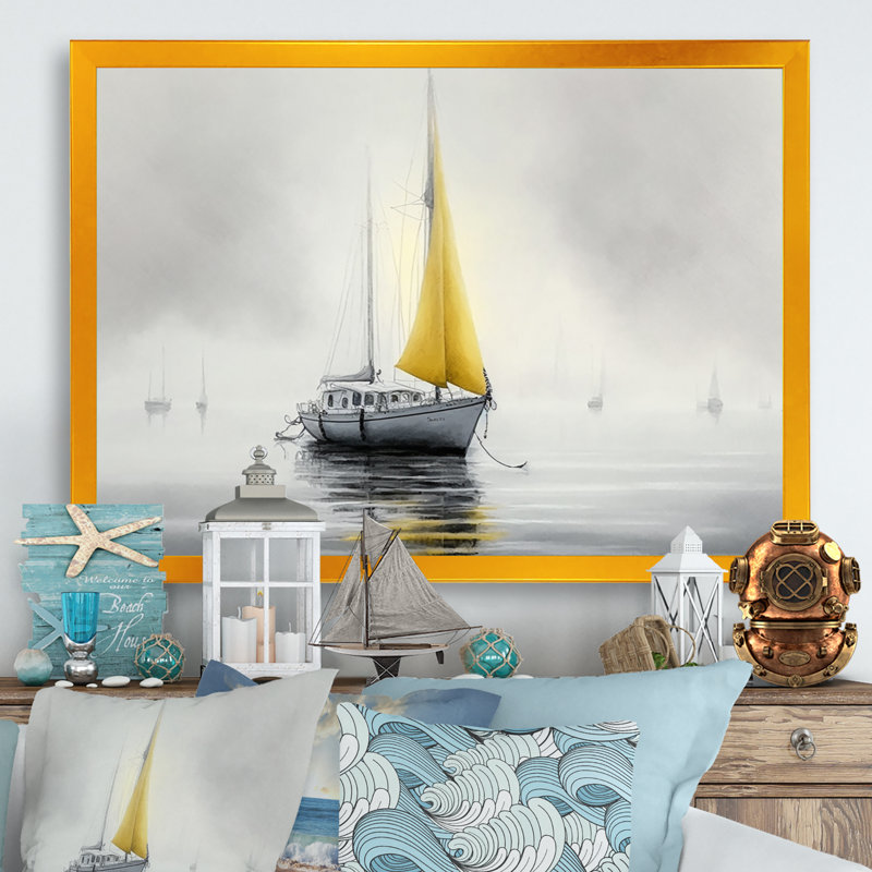 Bateau ancré III - art mural bateau côtier, H 12 po x l 20 po x P 1 po, Cadre doré simple