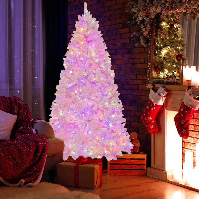 Arbre de Noël artificiel à charnière illuminé enneigé 7 pi avec branches et branches 8 lumières, 7'