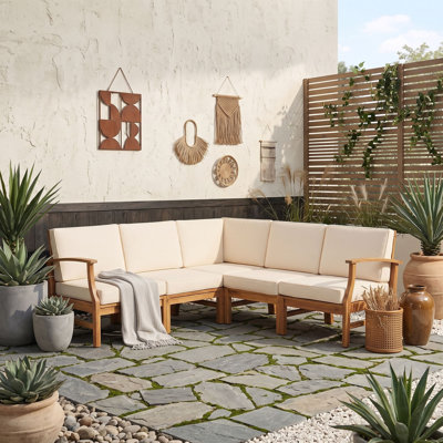 5-Piece Acacia Wood Outdoor Modular Sectional Set with Water-Resistant Cushions for Patio Spaces