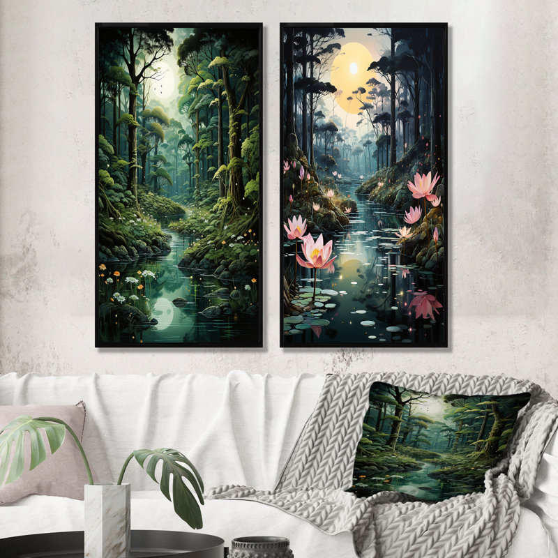 Deep River Into The Forest I - ensemble de 2 reproductions d'art mural forêt, H 28 po x l 25 po, Cadre noir