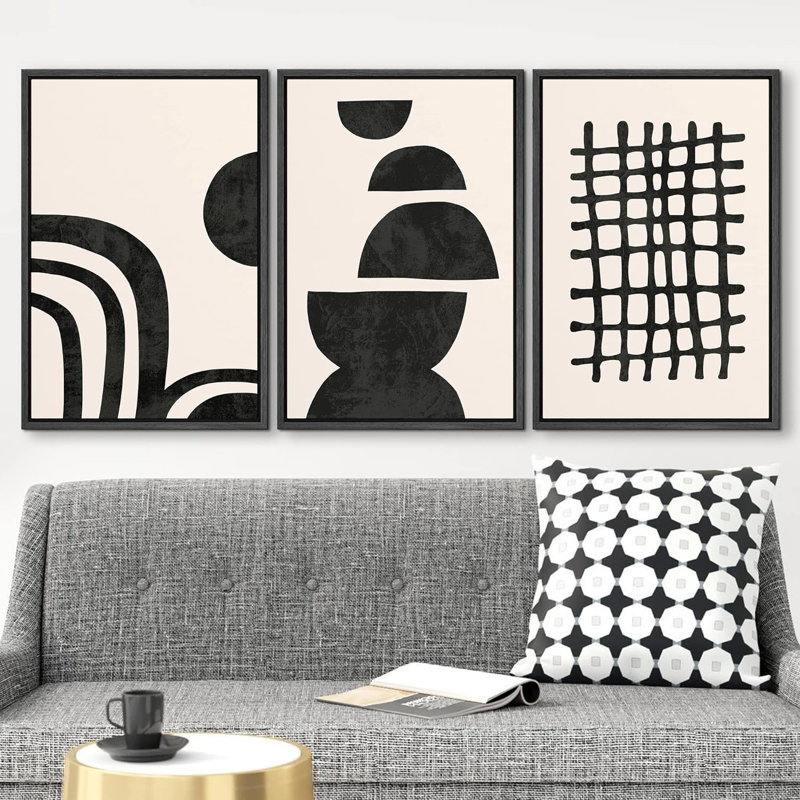 Reproduction de style Mid-Century noir et brun clair demi-cercles et quadrillage de formes géométriques Mid-Century moderne sur toile, impression 3 pièces
