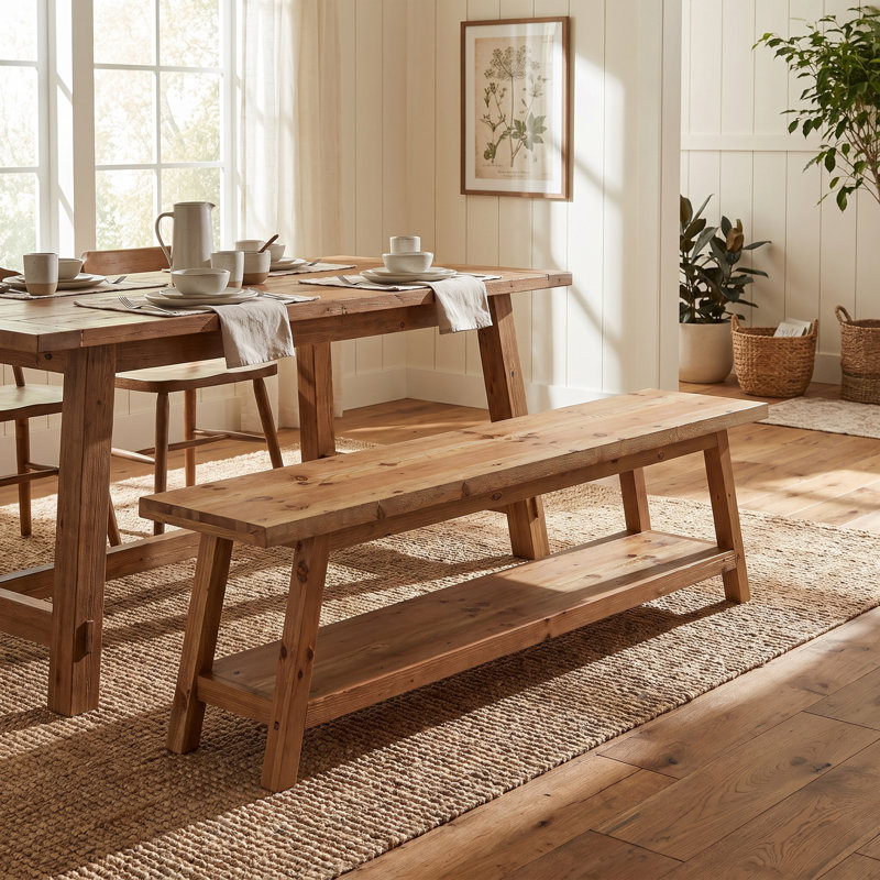 Le banc de salle à manger en bois massif de 63 pouces avec tablette de rangement de 63 pouces peut accueillir 2 à 3 personnes dans la salle à manger