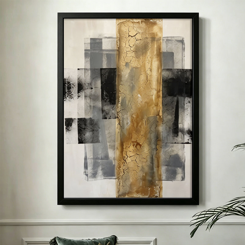 Croix abstraite moderne: texture craquelée dorée avec panneaux noirs et gris, style d'art moderne mixte. Toile encadrée 24 "x 36" avec cadre en bois noir