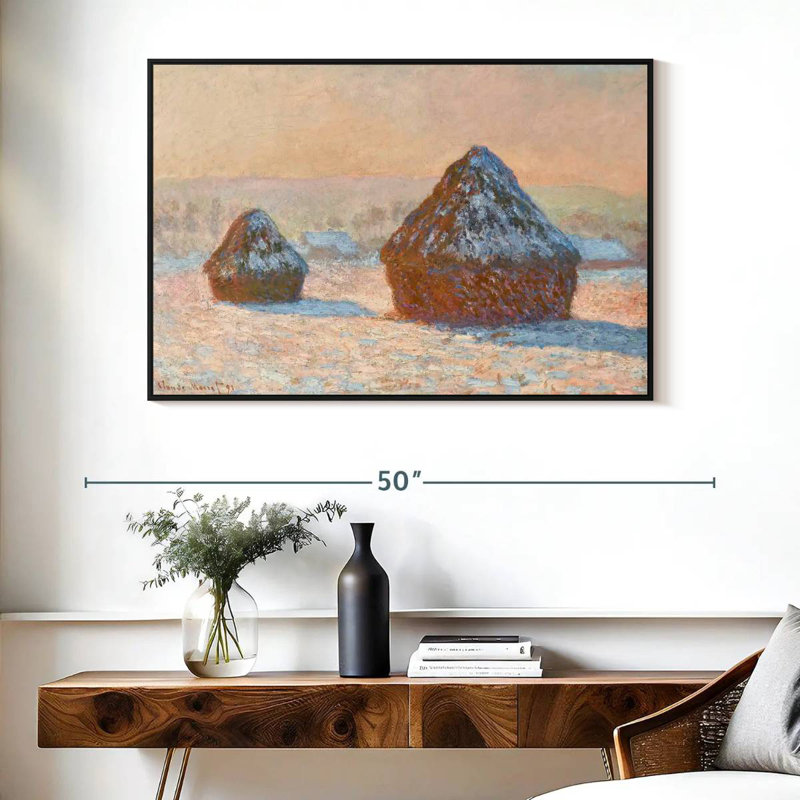 Wheatstacks Snow Effect Morning 1891, Floating Frame Black, 40" X 27"
