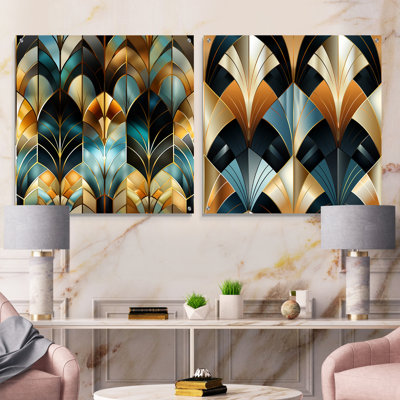 1970S Gold And Grey Geometry Pattern - Abstract Geometric Acrylic Wall Art Glass Set Of 2
